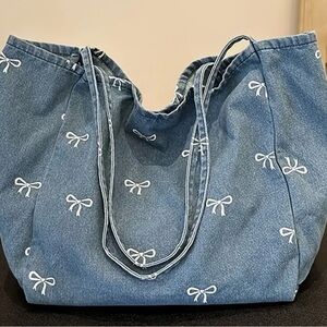 Blue Denim Tote Bag with Bow Accents